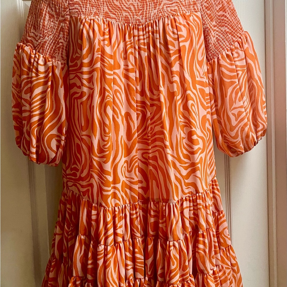 Cinq a Sept Orange Zebra Print Dress Chiffon Smocked Fully lined Sz 2
